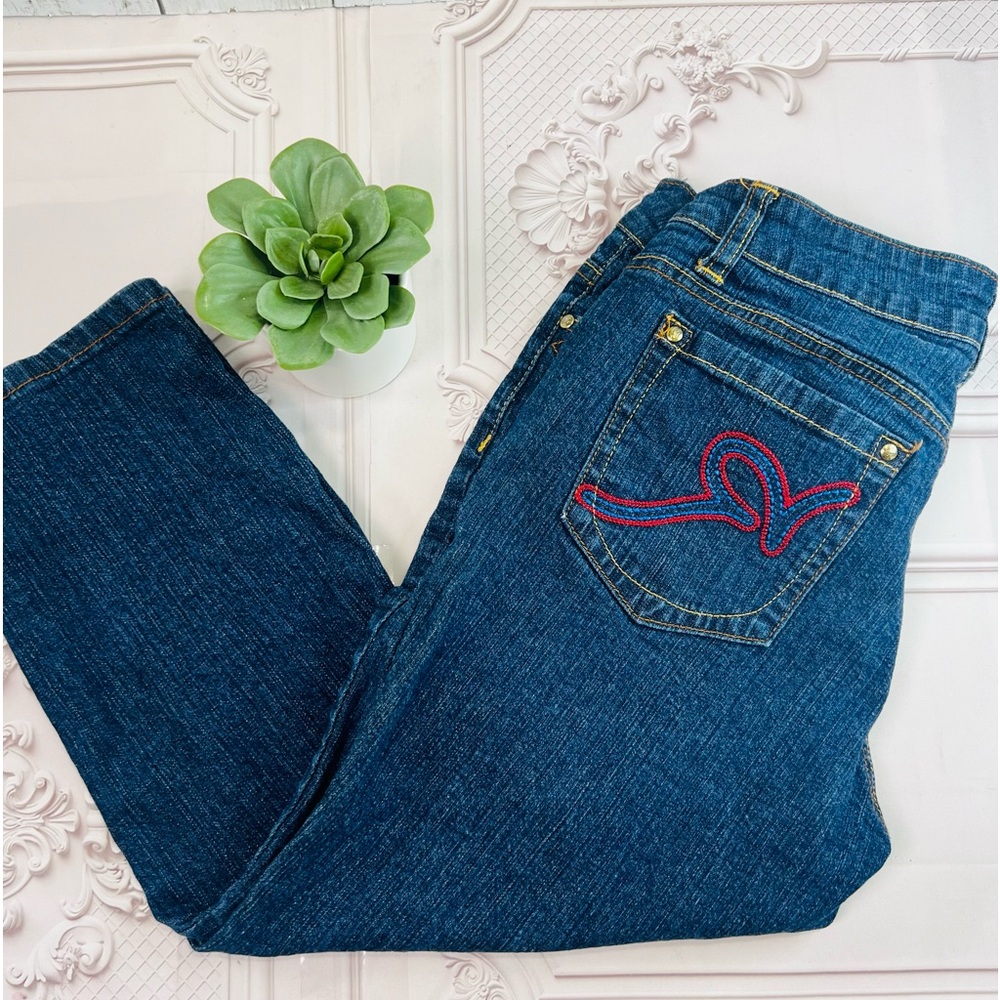 Y2K Roca Wear Juniors Size 9 Colorful Embroidery Denim Blue Jean Capris